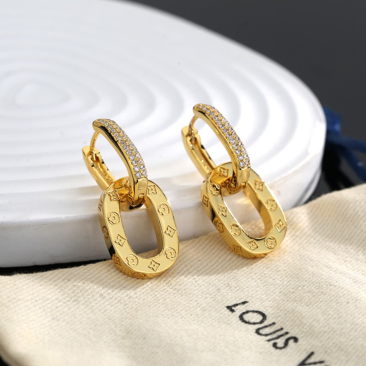 Louis Vuitton Gold Tone Earrings with Diamond Accents Louis Vuitton Gold Tone Earrings with Diamond Accents